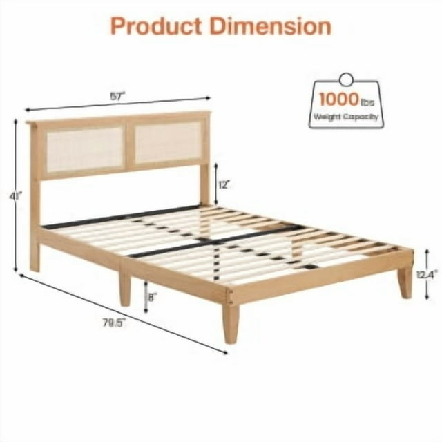 Bed Frame FULL Size,Bohemian Platform Bed Frame with Rattan Storage Headboard,Adjustable Led Lights,Wooden Support Legs,No Box Spring Needed,Noise-Free,Easy Assembly,FULL