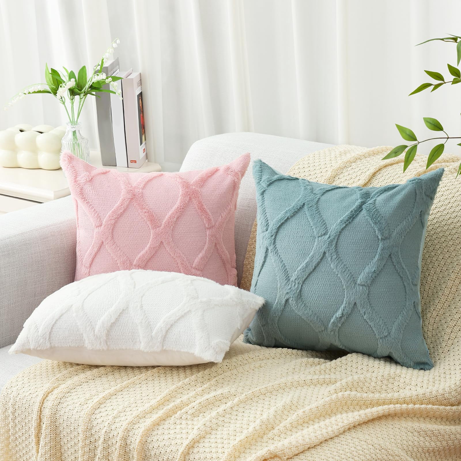 decorUhome Decorative Throw Pillow Covers 22x22 Set of 2, Soft Plush Faux Fur Wool Pillow Covers for Couch, Aqua