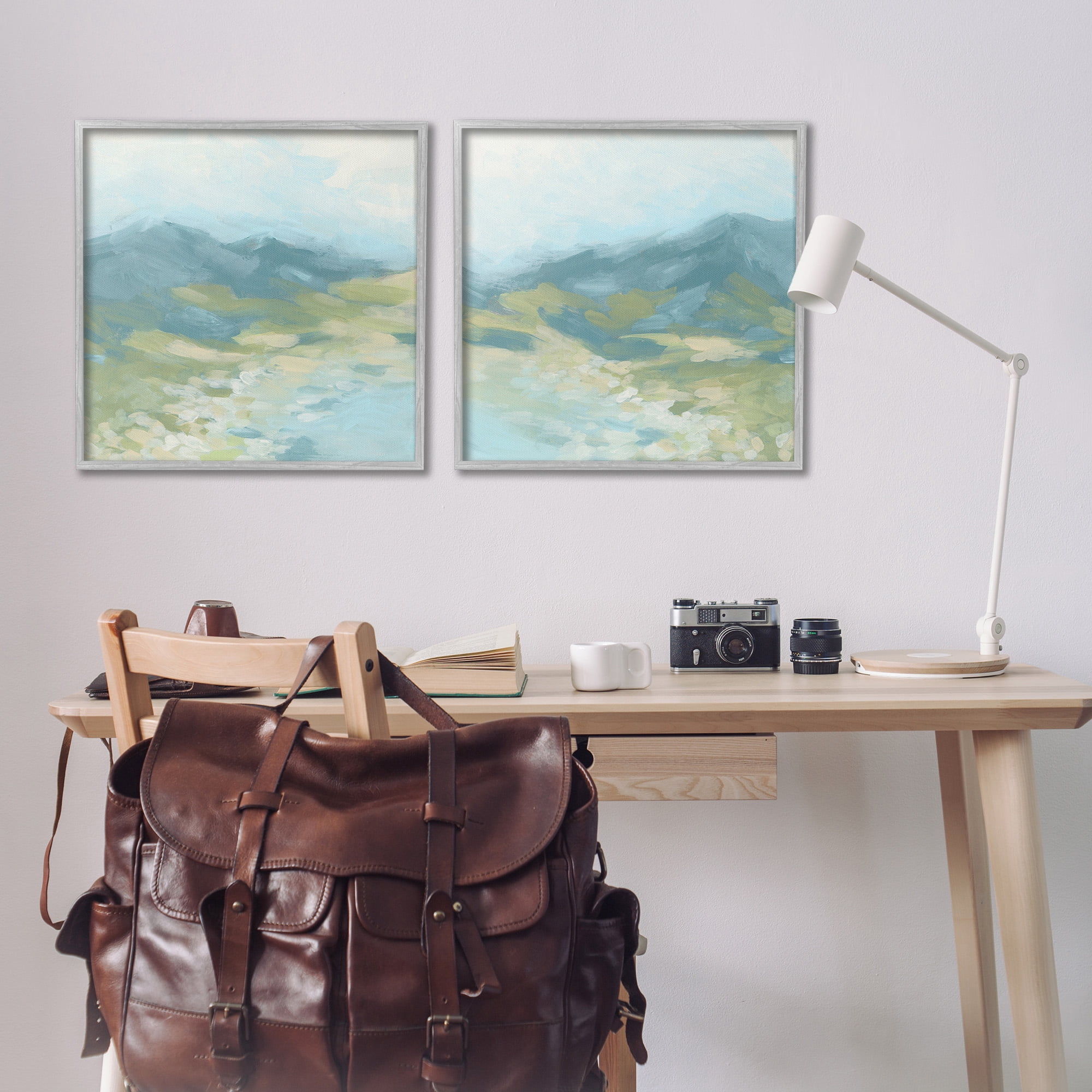Stupell Industries Foggy Mountain Pond Landscape Painting Gray Framed Art Print Wall Art, 24 x 24, Set of 2