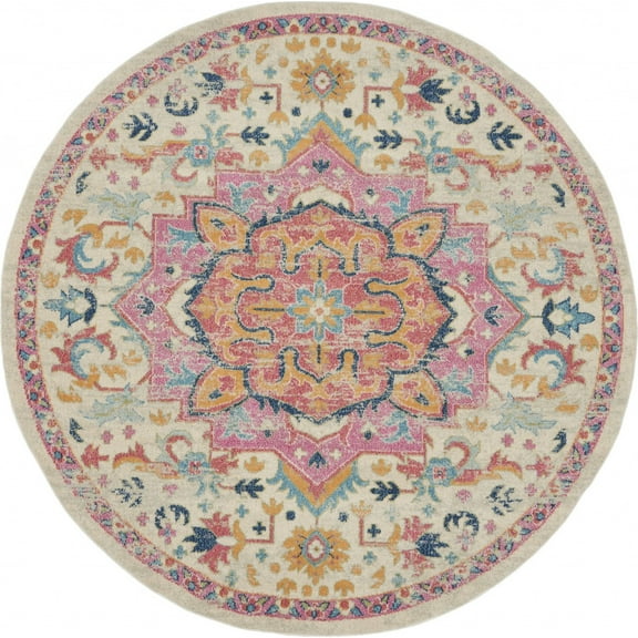 8â€™ Round Ivory and Pink Medallion Area Rug