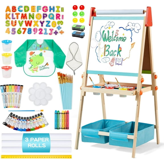 3 in 1 Adjustable Kids Art Drawing Easel Set-Sided Magnetic Whiteboard & Chalkboard with Painting Paper Roll - Versatile Art Station Gift for Toddlers, Kids and Childrens Ages 3 