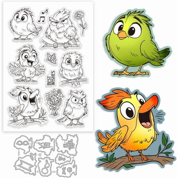 Juego de sellos transparentes y troqueles de corte con diseño de pájaros divertidos, flores, mariposas, sellos transparentes de silicona y troqueles metálicos de animales de dibujos animados.