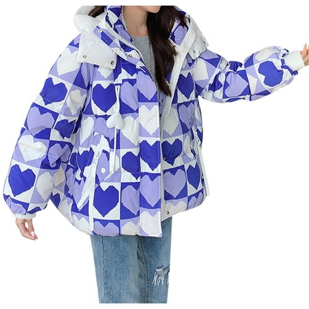 

Women Graphic Hoodies Zippers Heart Print Puffer Coats Winter Warm Loose Long Sleeve Bomber Blouse Jackets