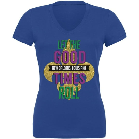 Mardi Gras Let the Good Times Roll Juniors V-Neck T Shirt Royal 2XL