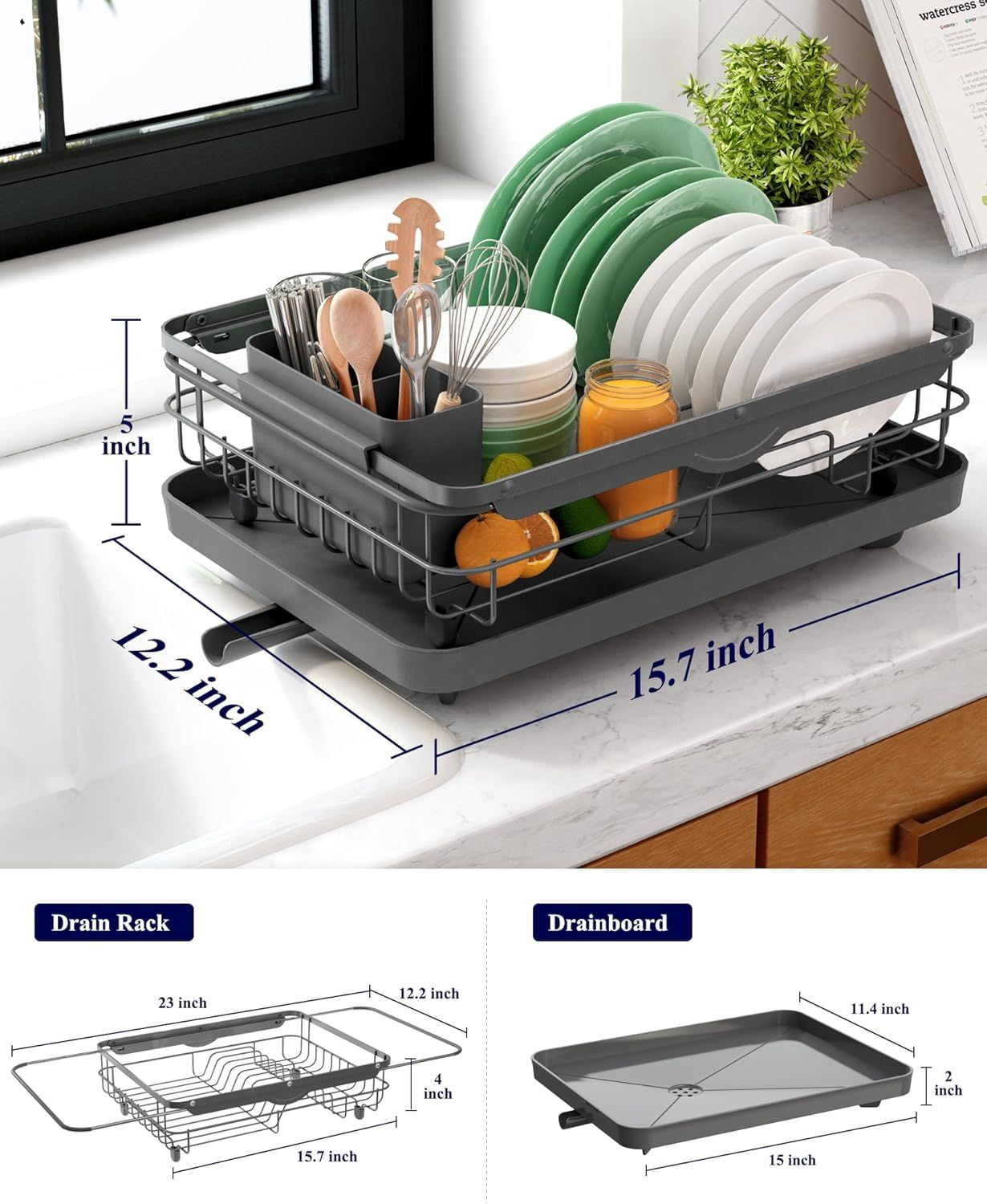 Dish Drying Rack for Kitchen Counter, Stainless Steel Sink Organization and Storage Essentials with Cutlery Holder, Home and Appartment Decor, 12.2"W x 15.7"~23"L