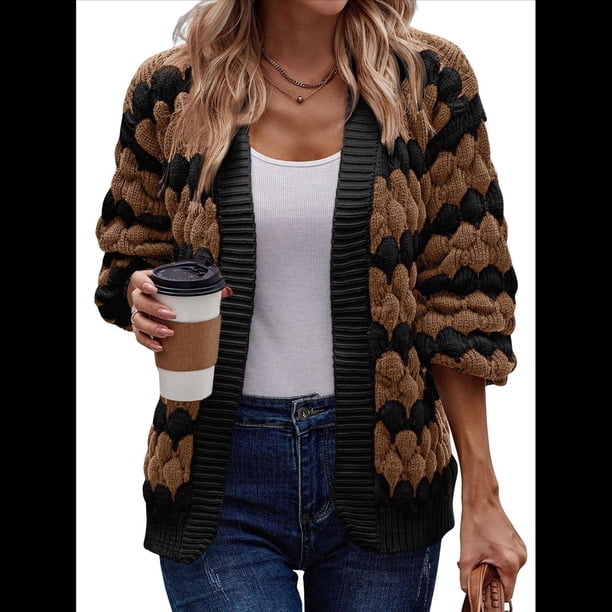 Suéter de Invierno de Punto Holgado con Rayas y Mangas Farol para Mujer, Moda de Otoño Marrón Negro L
