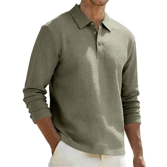 XIAOCHA Mens Textured Fabric Long Sleeve Polo Long Sleeve Turn Down Collar Button Up Polo Breathable Casual Everyday Polos