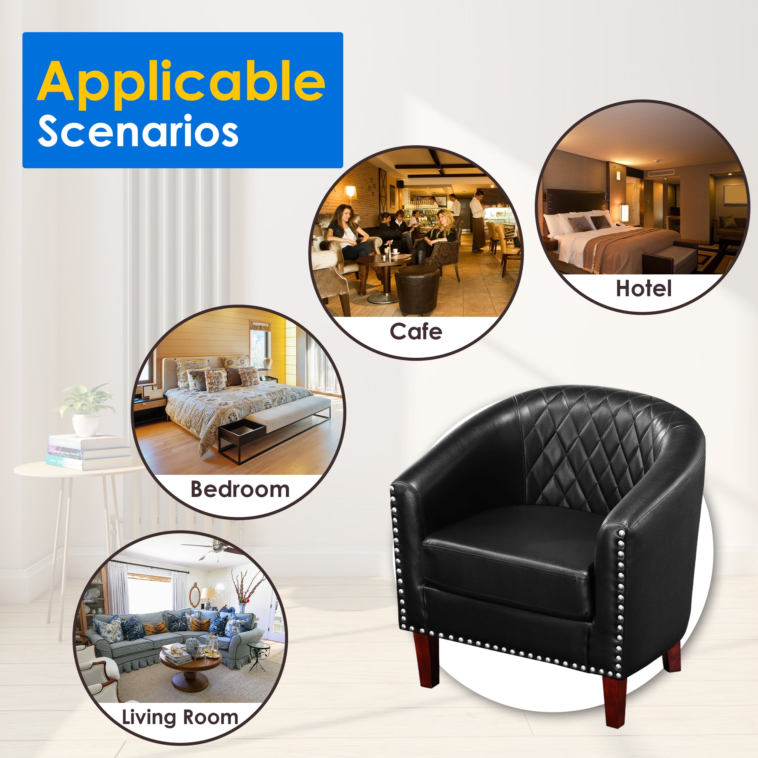 TrumanPick Modern Barrel Accent Chair Faux Leather Club Chair with Solid Wood Frame for Living Room Chair,Black
