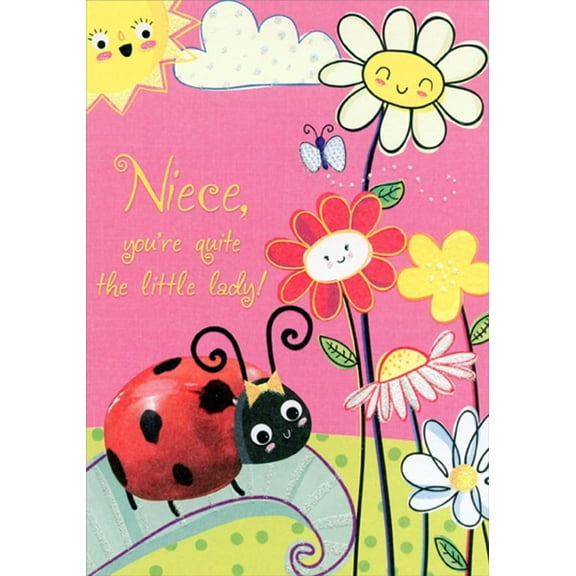 Designer Greetings Ladybug Closeup and Smiling Flowers and Sun Juvenile : Kids Birthday Card and Stickers for Young Niece