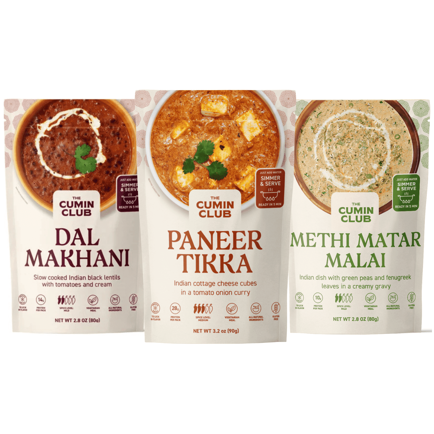 The Cumin Club Indian Instant Meal Kit - Paneer Tikka, Methi Matar Malai, Dal Makhani - Pack of 3