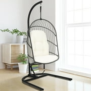 Costway Hanging Wicker Egg Chair w/ Stand Cushion Foldable Outdoor Indoor Gray