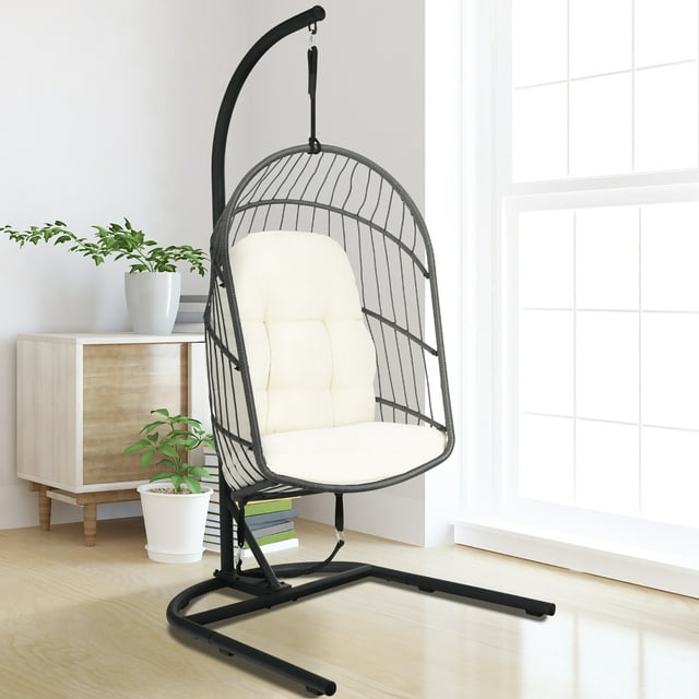 Costway Chaise Oeuf Suspendue en Osier avec Coussin de Support Pliable Extérieur Intérieur Beige
