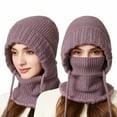 thumbnail image 2 of WZXFASHION 3-in-1 Knit Hat Scarf and Ear Flap Combo Color Block Winter Bomber Hat for Women and Men Purple One Size, 2 of 3