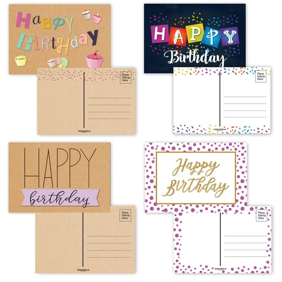 Happy Birthday Postcards - Full Color Both Sides - 4 Fun and Rustic Birthday Des