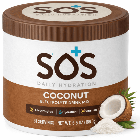 SOS Hydration Coconut Electrolyte Drink Mix (31 Servings) – Low Sugar, 15 Calorie, Keto-Friendly & Rapid Rehydration