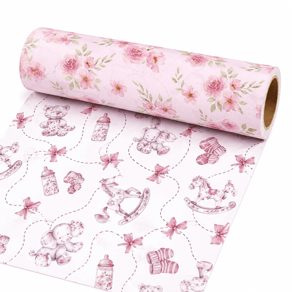 Reversible Girl Wrapping Paper Roll, 17 in x 9.8 ft Pink Floral and Nursery Animal Gift Wrap for Showers, Newborn Gifts and First Birthdays