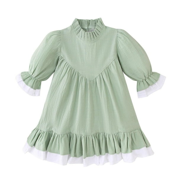 Odeerbi Niñas Vestido Manga Larga A-Line Primavera Verano Vestido Ruffle Princesa Color Sólido Dulce Cuello Redondo Vestido Manga Farol