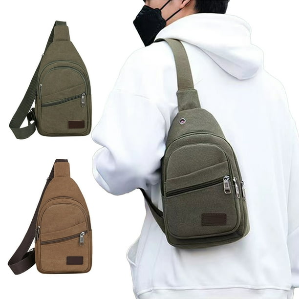 Mochila bandolera con bolsa de lona para hombres y mujeres - 30x17x5cm, verde militar o café, poliéster, correa ajustable, viaje y senderismo