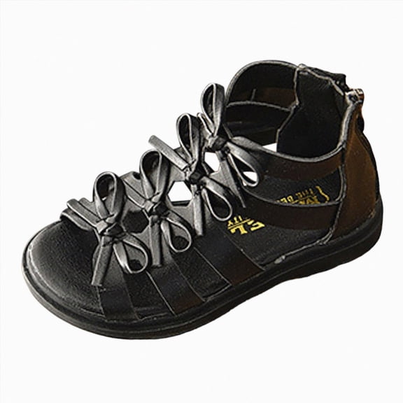 Ymyiu Baby Girl Summer Shoes Girl's Bow Slip On Sandals Square Open Toe Flat Sandals for Outdoors Size 1 (Black,Big Kids 1)