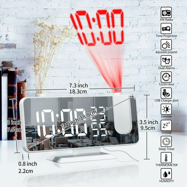 MesaSe Projection Alarm Clock for Bedroom Ceiling Digital Alarm Clock Radio with USB Charger Ports 7.3” Large LED Screen Dual Alarm Clock with 2 Sounds Snooze