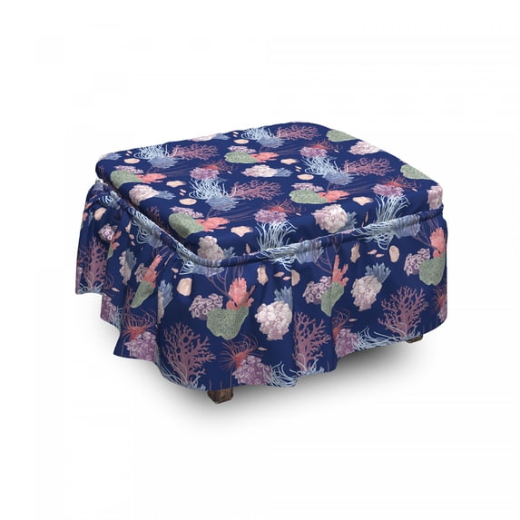 Nautical Ottoman Cover, Colorful Marine Plants, 2 Piece Slipcover Set with Ruffle Skirt for Square Round Cube Footstool Decorative Home Accent, Standard Size, Multicolor, by Ambesonne