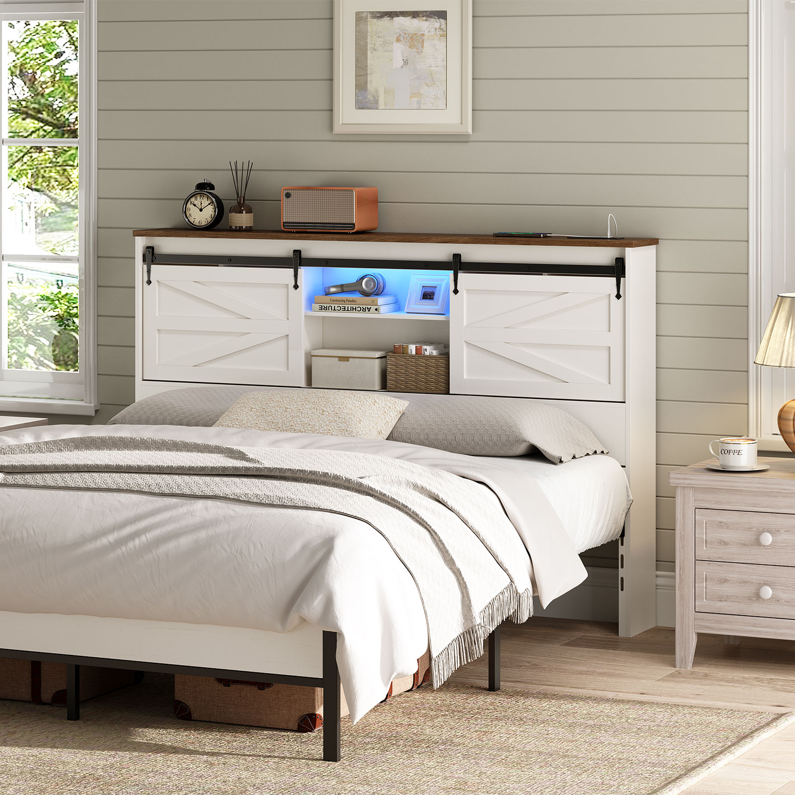 HOOBRO Queen Size Headboard, Headboard with Charging Station and LED Light, 3-Tier Storage Headboard with Outlets and USB Ports, Stylish Headboard, Height Adjustable, White and Walnut WT30UDBH01