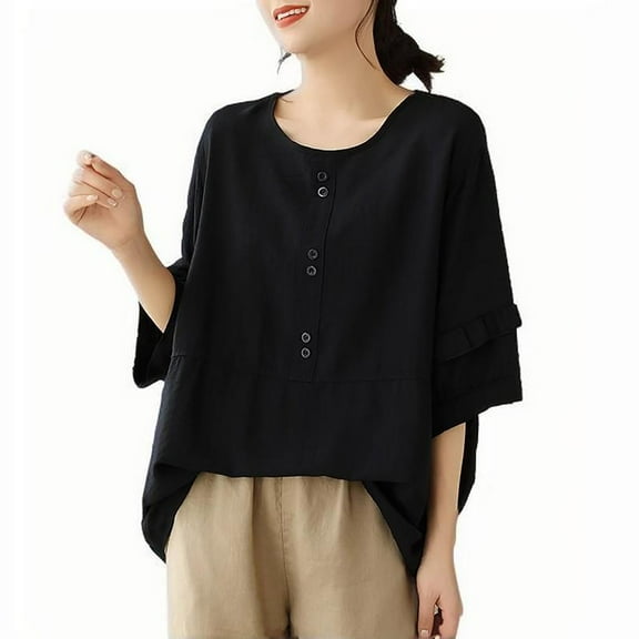 Womens Tops Fashionable Retro Embroidered Round Neck Five Quarter Sleeved Short Sleeved Blouse Plus Size Women Tops Summer Blouses for Women