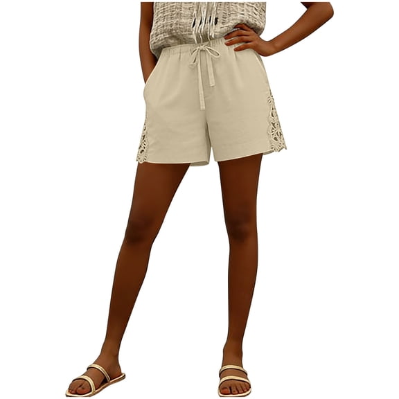 Sahpxhe Womens Cotton Linen Shorts High Elastic Waist Lace Shorts with Pockets Drawstring Casual Trendy Summer Vacation Shorts Beige L