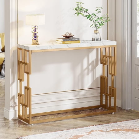 Finmind Modern Console Table: 42.5" Gold Sofa Table with White Faux Marble Top