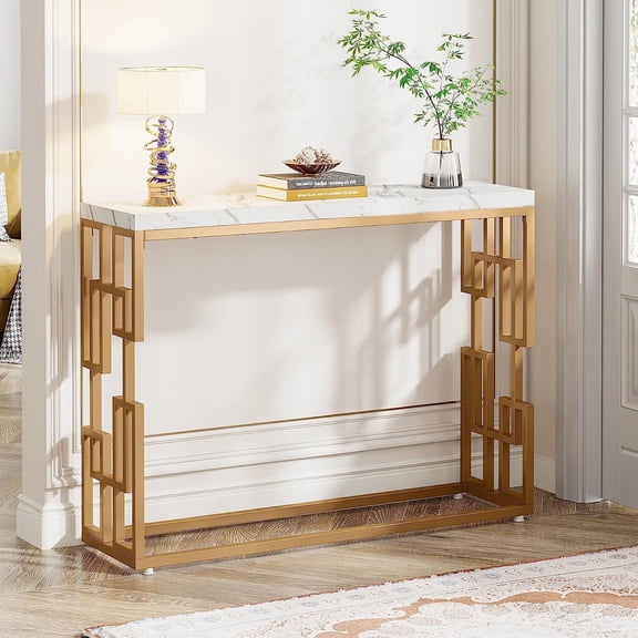 Finmind Modern Console Table: 42.5" Gold Sofa Table with White Faux Marble Top