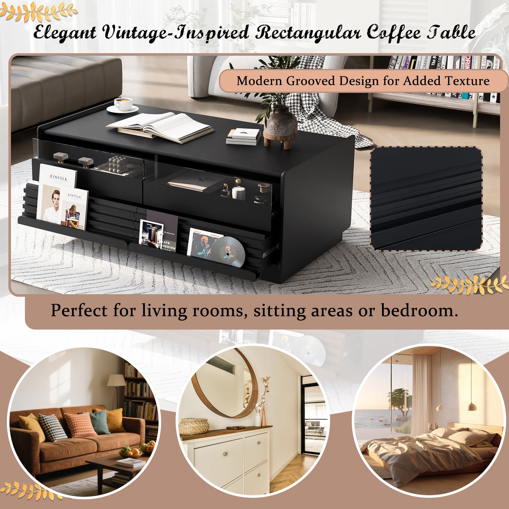 Euroco Vintage-Style Coffee Table with 4 Drawers and Open Shelves, Tempered Glass Drawer Fronts, MDF Wood Frame – Modern Living Room Storage Table, Easy Assembly