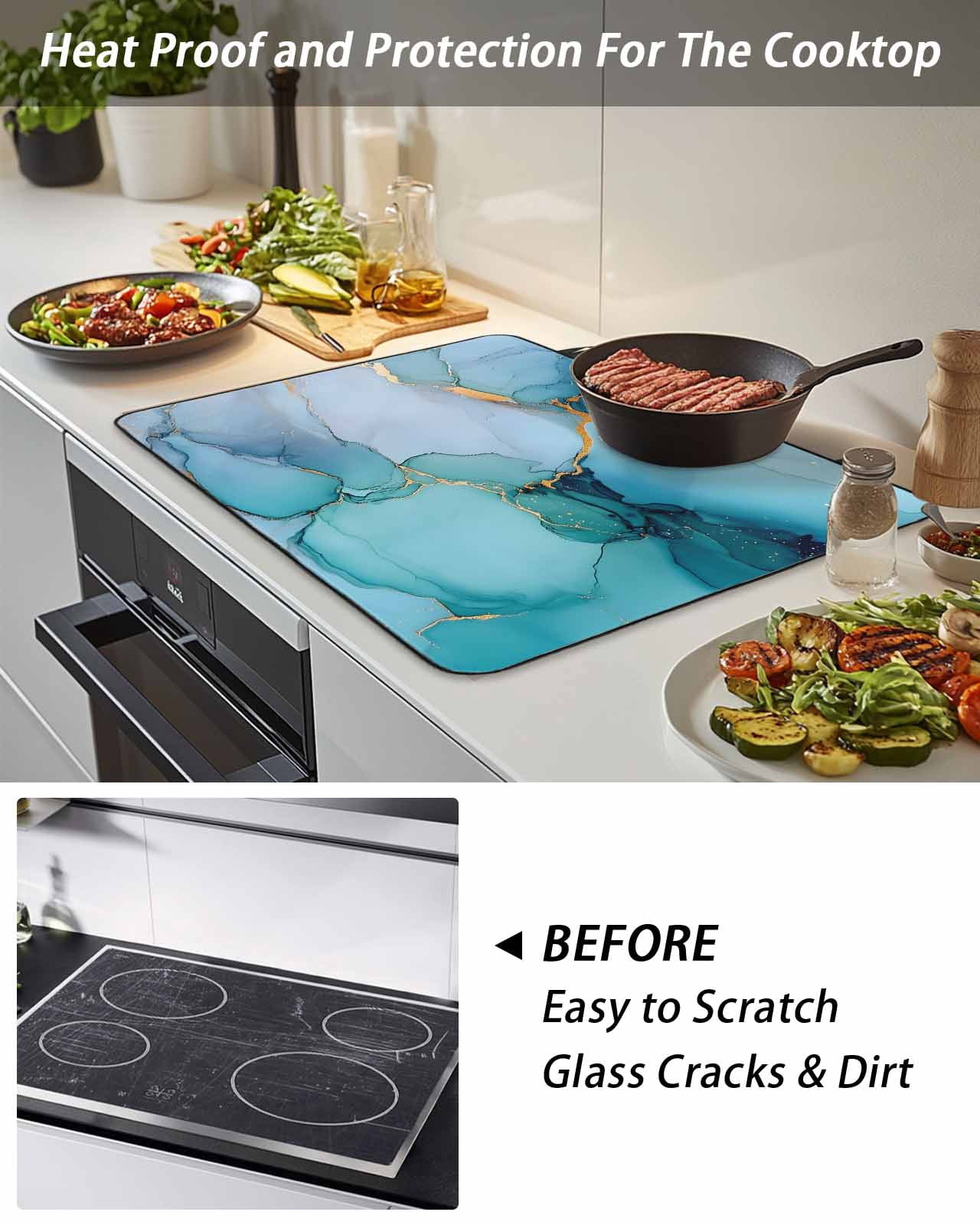 Stove Top Covers for Electric Stove, Teal Blue Marble Glass Stovetop Cover Protector, Modern Abstract Art Marble Crack Induction Cooktop Protector Oven Mat for Kitchen Countertop 24"x21"