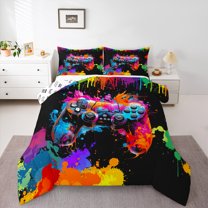 Homewish Gamer Gaming Bedding Comforter Set,Warercolor Splatter Ink Twin Comforter Sets,Cartoon Gamepad Bedding Set For Kid Boy,Lightweight Room Decorative Reversible,2-Piece
