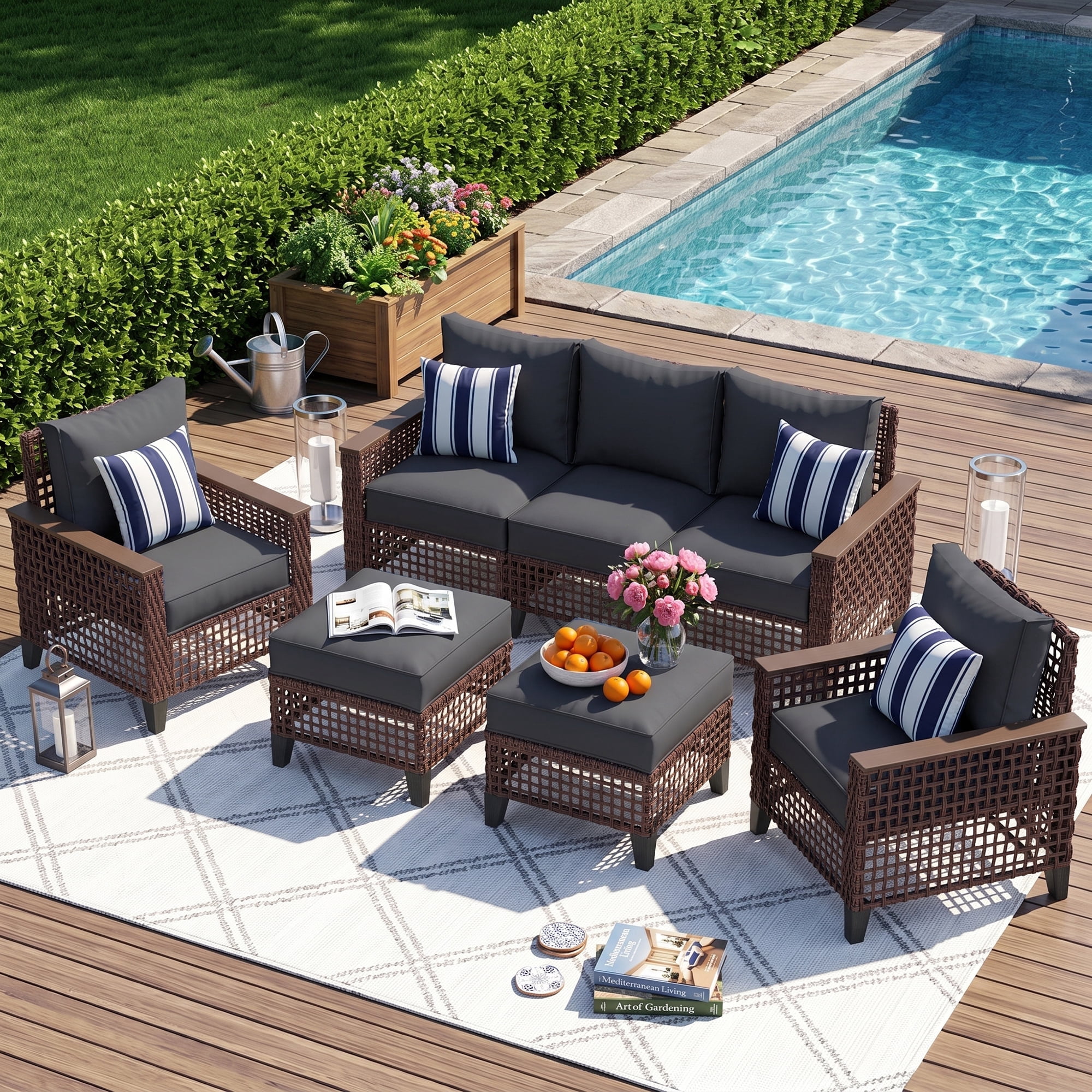 ELPOSUN 5-Piece Patio Furniture Set, All-Weather Open-Weave Wicker Outdoor Conversation Set, Thick Waterproof Cushions, for Garden and Backyard, Brown & Gray