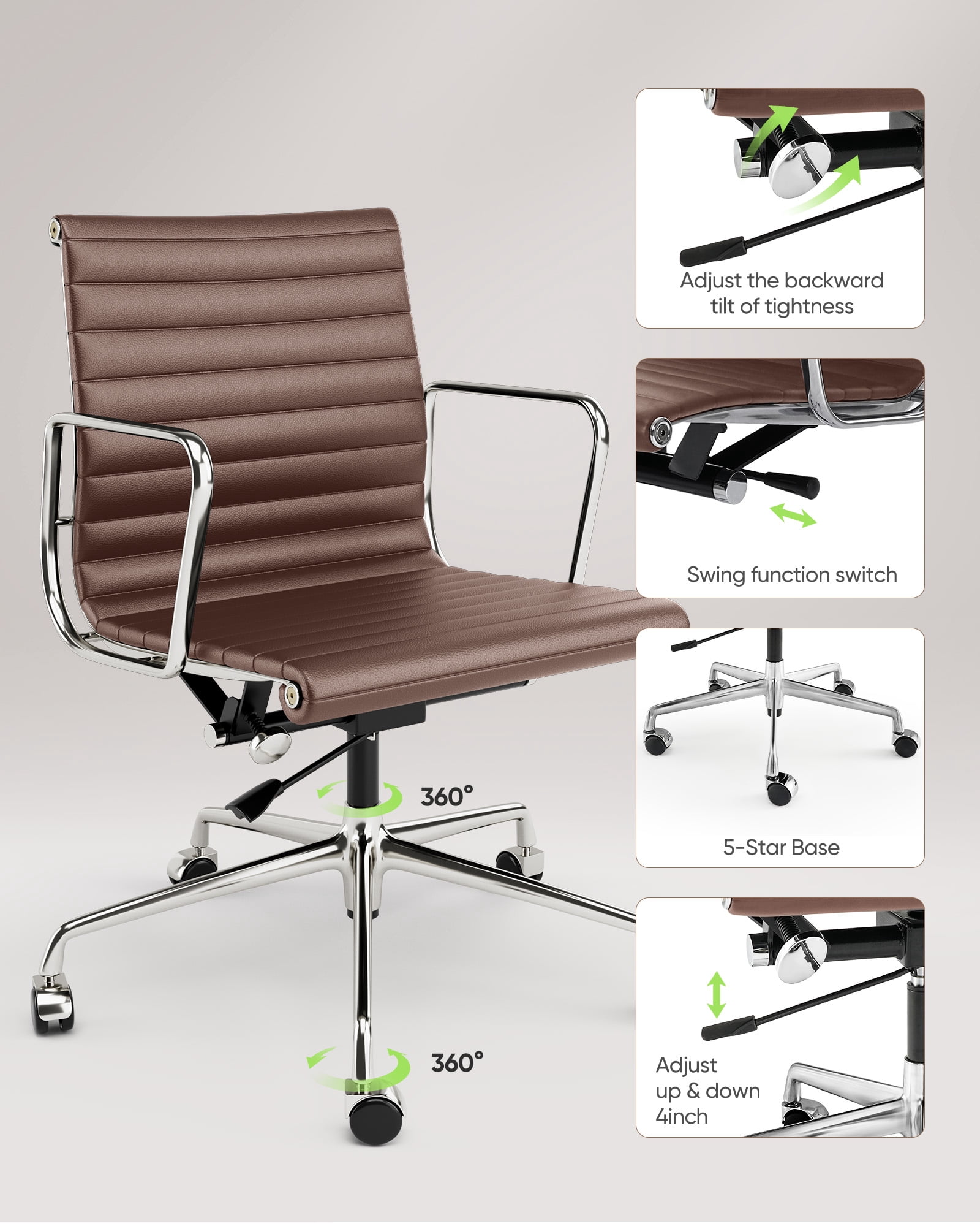 Mid-Back Ribbed Office Chair Adjustable Leather Computer Chair Ergonomic Lumbar Support,Swivel Desk Chair,Brown,1pc