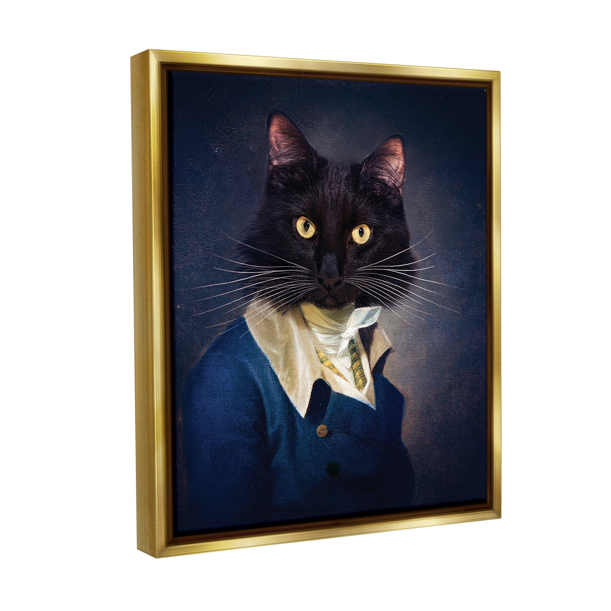 Stupell Industries Cat with Colonial Fashion Animals & Insects Painting Gold Floater Framed Canvas Art Print Wall Art, 17 x 21