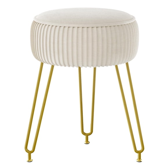 Velvet round pouf stool ottoman, golden steel legs footrest, compact makeup vanity seat for dressing table bedroom, creamy white