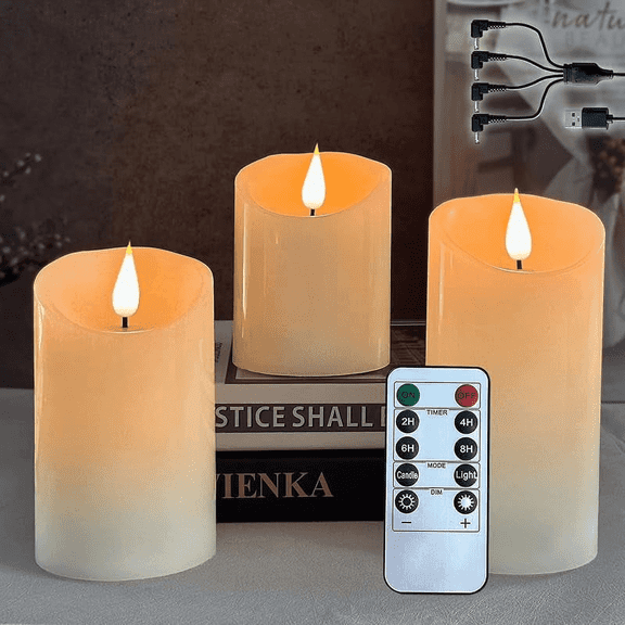 Rechargeable Flameless Candle, Flashing LED Pillar Real Wax Candle with Remote Control and Timer, Clear Glass Electronic Candles for Room Decoration, 1 Set of 3