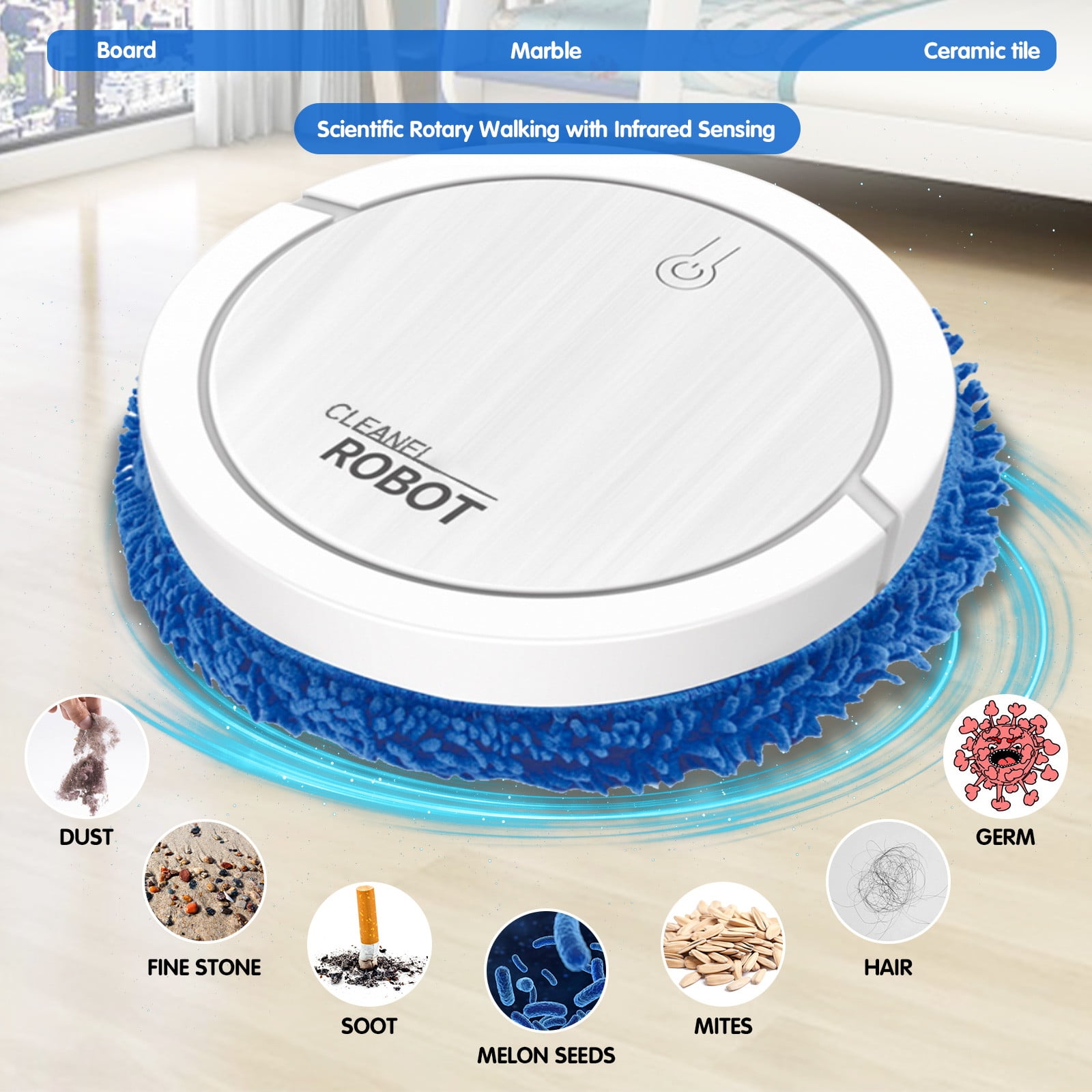 Intelligent Automatic Mopping Robot Wet and Dry Floor Cleaner Silent Mopping Machine for Home with Rotating Brush for Pet Hair and Dust White USB Charging 90-120㎡ Coverage