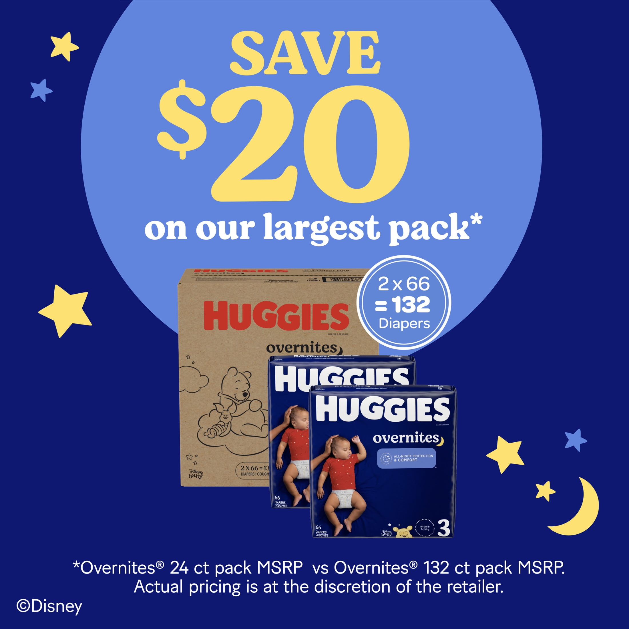 Huggies Overnites Nighttime Baby Diapers, Size 3 (16-28 lbs), 58 Ct (Select for More)
