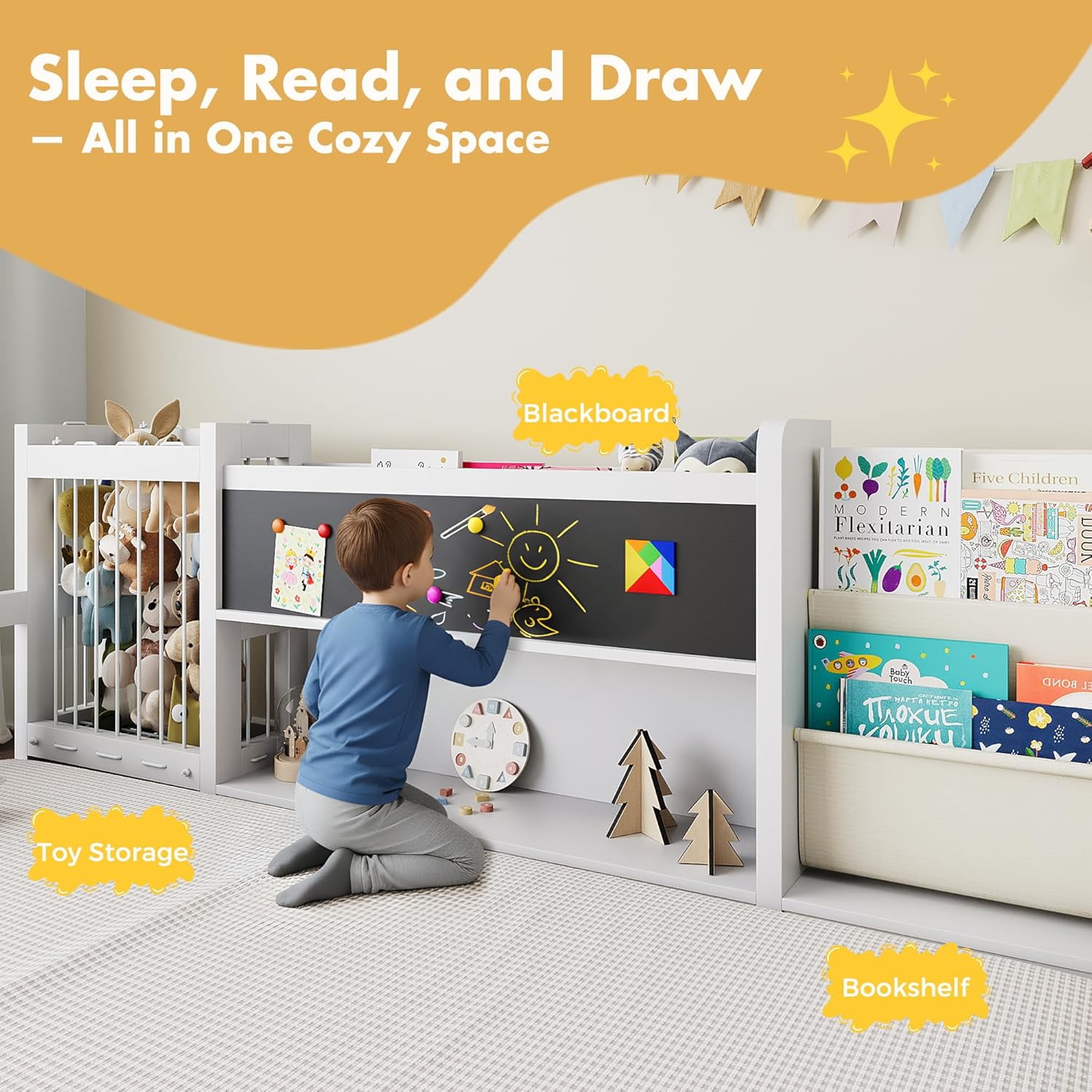 Advwin Twin Floor Bed with  Gate, Safety Rails, Blackboard, Bookshelf & Toy Storage, Sturdy Wooden Platform Bed Frame, White