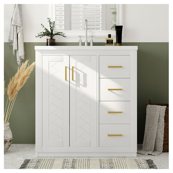 30'' Bathroom Vanity with Ceramic Sink Combo, Solid Wood Frame Bathroom Storage Cabinet, Freestanding Vanity Set with 3 Drawers& Soft Closing Doors