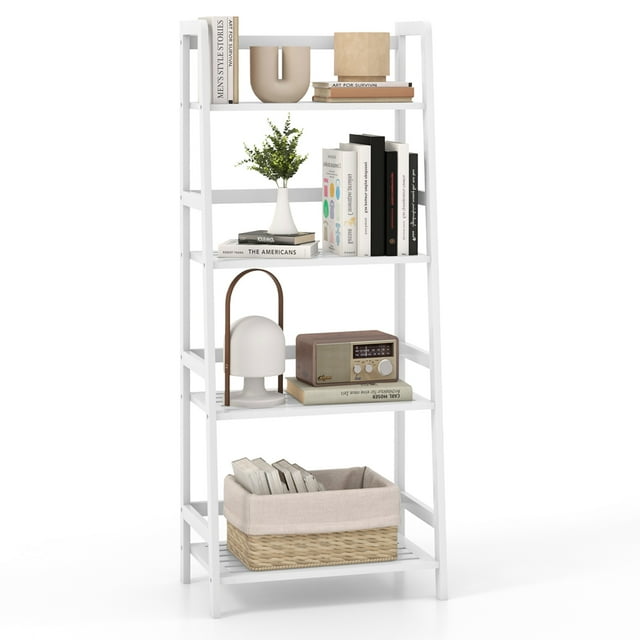 Costway Bibliothèque Échelle Multifonctionnelle à 4 Tablettes en Bambou Support pour Plantes et Fleurs Étagère de Rangement Blanc