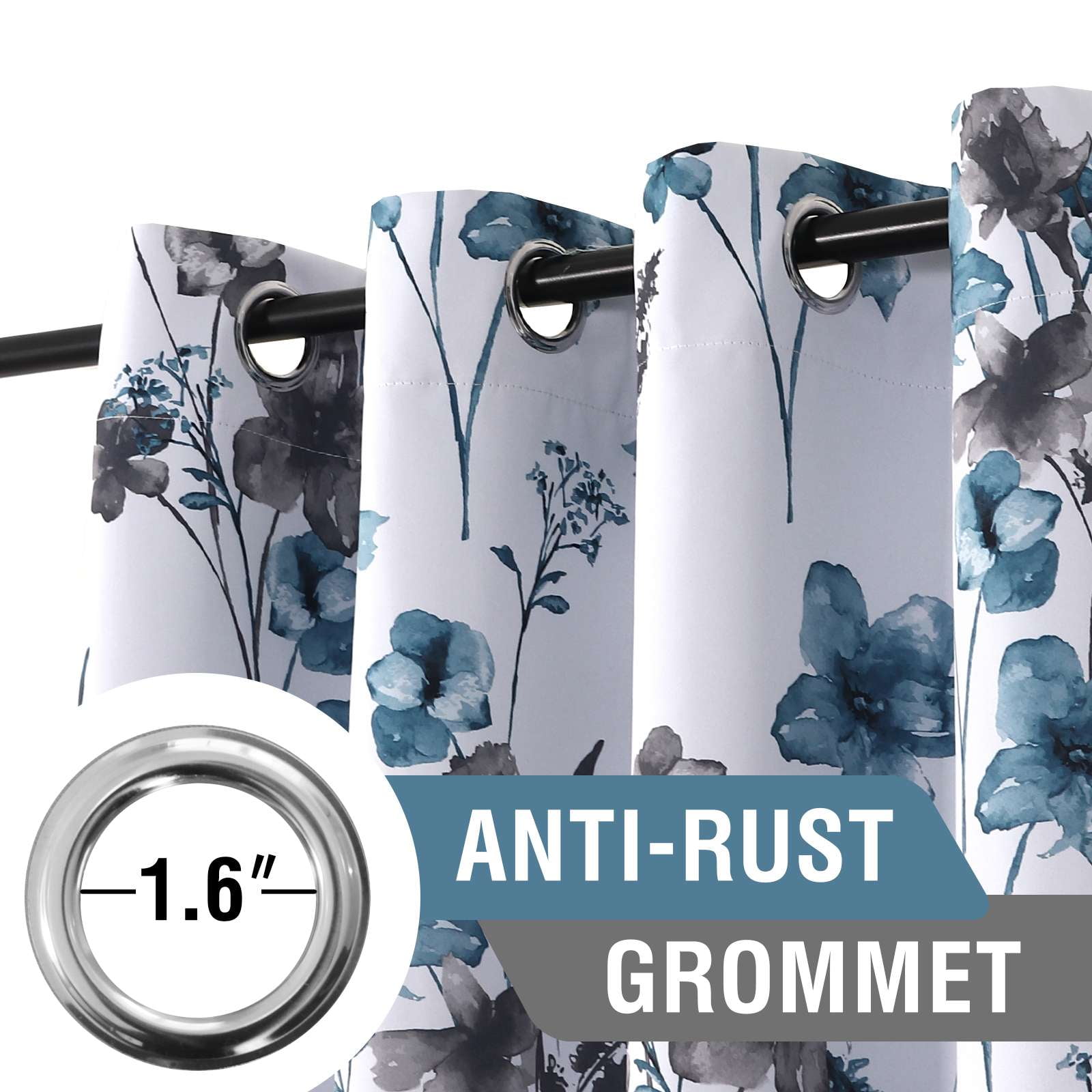 H.VERSAILTEX 100% Blackout Curtains Cattleya Floral Printed Drapes Leah Floral Thermal Bedroom Curtains for Living room with Black Liner 2 Panels,52" x 63",Grey/BLue
