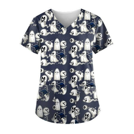 

Alrise Dark Blue Summer Plus Size Scrubs Top for Women Fashion Print Short Sleeve T-Shirt V-Neck Pockets Workwear Blouse Medium