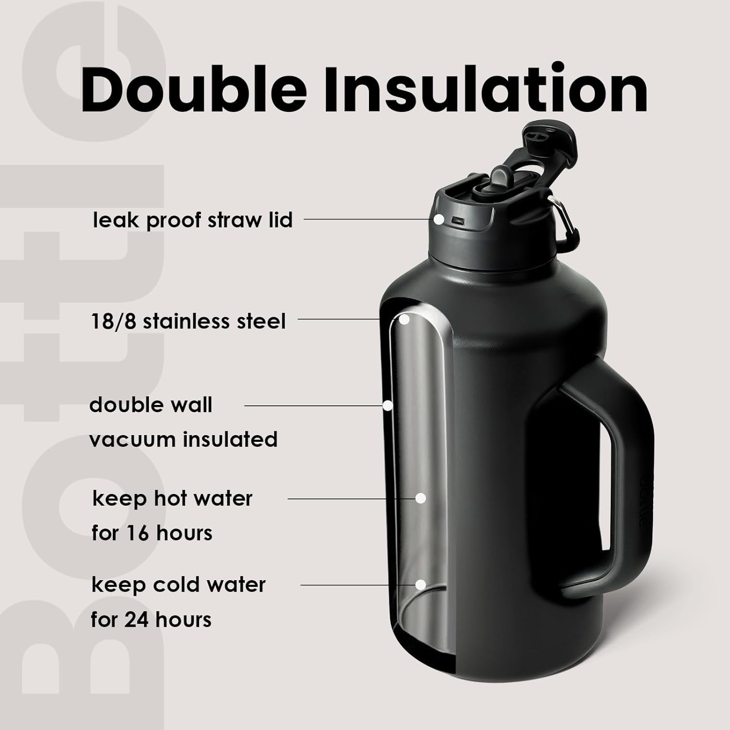 BOTTLE BOTTLE Insulated Water Bottle 64 oz with Straw handle and Dual-use Lid Half Gallon Jug Stainless Steel Water Bottle for Sports Black