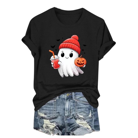 Levmjia Womens Short Sleeve T Shirt Crew Neck Halloween Cute Print Relaxed Fit Soft Lightweight Casual Tee Holiday Fashion Outfits Parties Home Leisure Daily