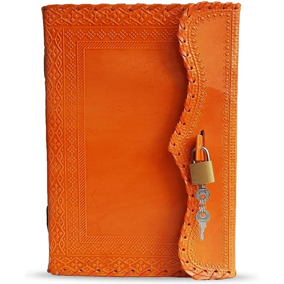 Jaald 10" Leather Journal Blank Notebook Handmade Travel Diary with Lock Writing Bullet Journal Christmas Gift Orange Sketchbook for Artists