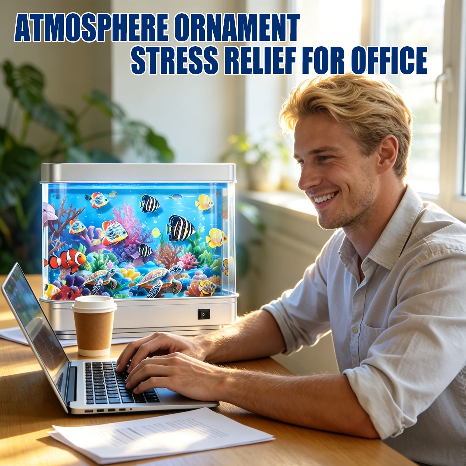Artificial Fish Tank Virtual Ocean Toy - Mini Office Desk Aquarium, Colorful Aquarium, Motion Lamp Night Light with Pink dolphin, Fun Gift for Kids and Adults