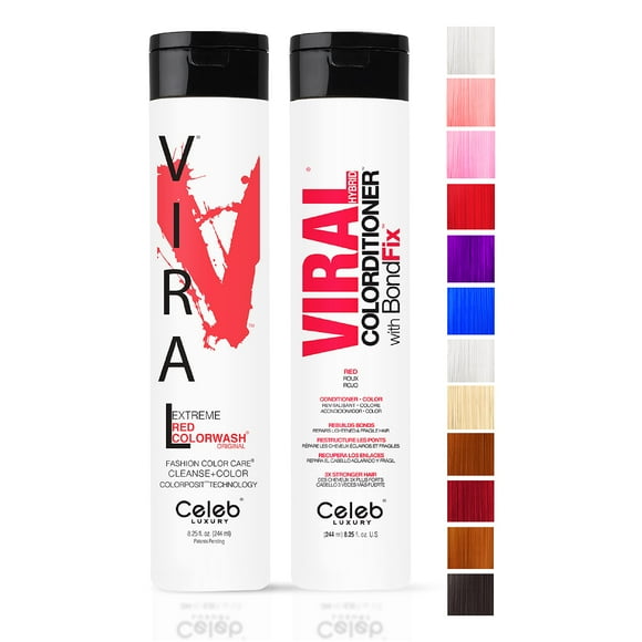 Celeb Luxury Viral Duo Color Depositing Colorwash Shampoo & Conditioner Set + Bondfix Bond Rebuilder, Semi Permanent Hair Color, Vegan Hair Dye, Extreme Red
